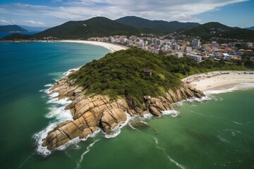 Aerial view of a scenic tropical beach overlooking Jurere town in Florianopolis. Generative AI
