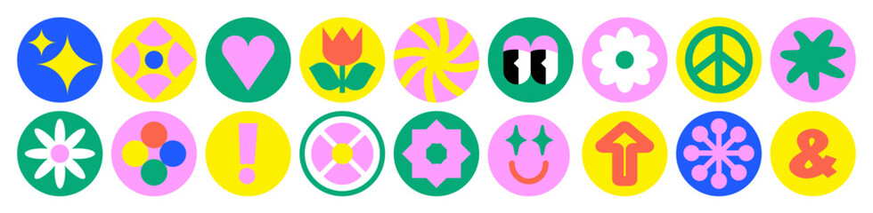 90 Cool Brutalism Stickers. Naive playful abstract shapes in a Circle. Cartoon Eyes, Arrow, Daisy, Stars, Geometric Figure. Doodle Vector Illustration for T-Shirts. Vector illustration