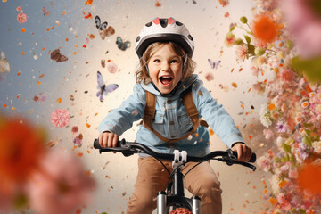 A boy rides a bicycle on a blue floral background with butterflies. - obrazy, fototapety, plakaty