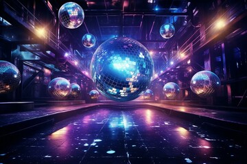 Gleaming ball illuminating vibrant space. Nightclub. Generative AI
