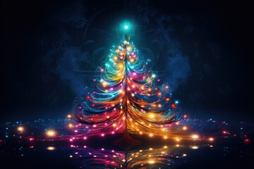Abstract neon glowing Christmas tree on a dark background. New Year holiday card.