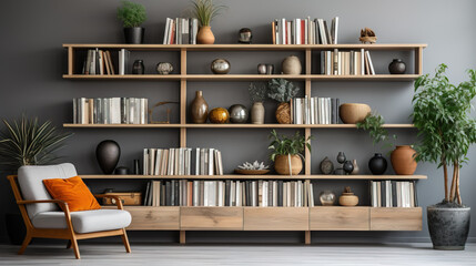 Front view of a bookshelf with books in the interior of a boho style home
