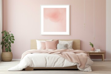 a mockup frame in a pink bedroom with a scandi-boho style background, digitally created. Generative AI