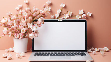 Gray laptop on table with empty space on the screen and cherry blossoms on the sides. Empty space in the center for product placement or advertising text.