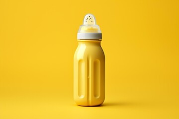 yellow background with baby milk bottle for feeding newborns kids. Generative AI - obrazy, fototapety, plakaty