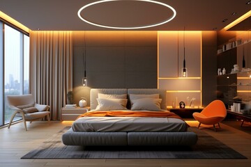 Contemporary bedroom with close-up view and stylish lighting. 3D render. Generative AI