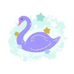 Solo print illustration with swan and stars. Funny animal for apparel, room decor, tee print design, poster and greeting card