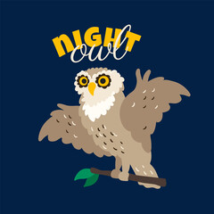 Solo print illustration with owl and text Night owl. Funny comic bird for apparel, room decor, tee print design, poster and greeting card