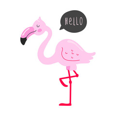 Solo print illustration with flamingo and hand drawn lettering Hello. Funny bird for apparel, room decor, tee print design, poster and greeting card