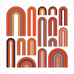 Mid century arch elements, modern geometric shapes, grunge rainbow. Contemporary design, minimalist art. Trendy design elements for wall decor, posters, books, covers and flyers. Vector illustration