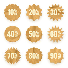 Crumpled paper price tags. Special offer or shopping discount label with percent, discount percentage value. Retail sticker with cardboard texture. Promotional sale badge. Vector illustration