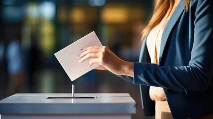 Hand of a woman voting at a ballot box during elections