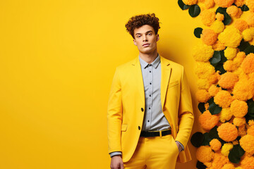 Stylish man in a business suit on a yellow floral wall background. Spring fashion shopping banner mockup. - obrazy, fototapety, plakaty