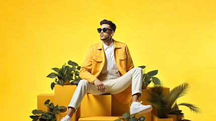 A stylish man in sunglasses and business suit sits on floral podium or pedestal  with yellow wall background. Spring fashion shopping banner mockup. - obrazy, fototapety, plakaty
