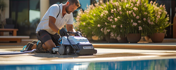 Swimming pool cleaner or maintenance service. - obrazy, fototapety, plakaty