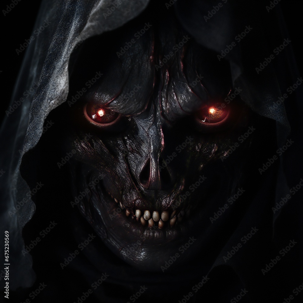 Poster Scary death face staring at you with red eyes from dark space Generative AI 