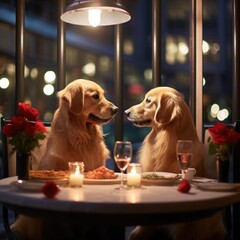 loving couple of dogs enjoying romantic dinner in restaurant