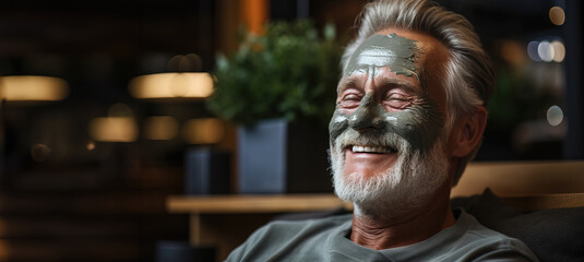 happy senior man with face mask on his face relaxing at spa