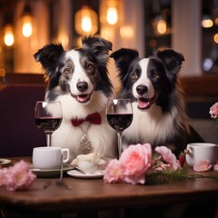 loving couple of dogs enjoying romantic dinner in restaurant - obrazy, fototapety, plakaty