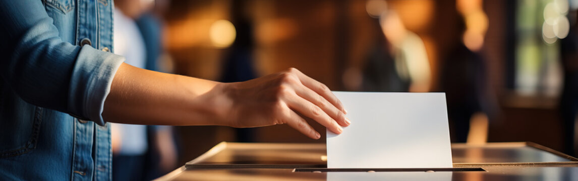 Hand of a woman voting at a ballot box during elections