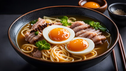 Ramen asian noodle in broth with meat and Ajitama pickled egg in bowl on dark background