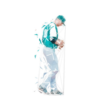 Baseball player, low poly vector illustration. Baseball pitcher standing, side view
