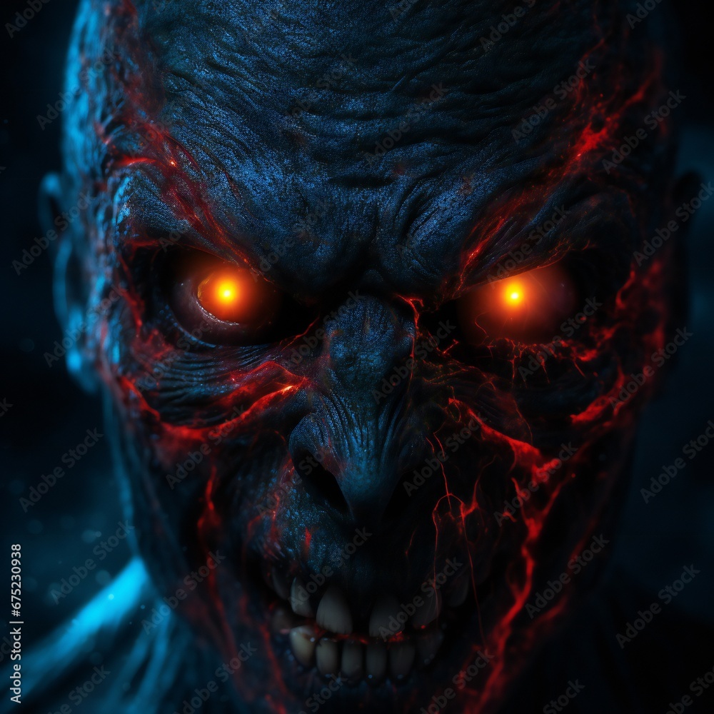 Poster Scary death face staring at you with red eyes from dark space Generative AI 