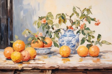 Oil Painting Bowl of Fruit on Table Artwork Featuring Grapes, Oranges, Apples, Peaches, Flowers, Leaves in Post Impressionist Style With Soft Brushstrokes Style Illustration Classic