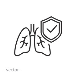 lungs protect icon, human lungs with shield, protective or care for respiratory organs, thin line symbol - vector illustration - obrazy, fototapety, plakaty