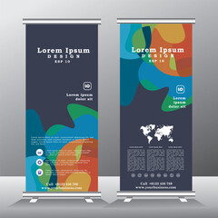 Banner roll-up design, business concept. Graphic template roll-up for exhibitions, banner for seminar, layout for placement of photos. Universal stand for conference, promo banner vector background.