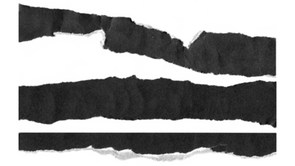 torn and ripped paper lines stripes with jagged edges from black paper in Y2K retro style, png isolated cardboard pieces on transparent background