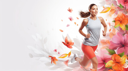 A woman in sportswear runs on a orchid floral background. Empty space for product placement or advertising text.
