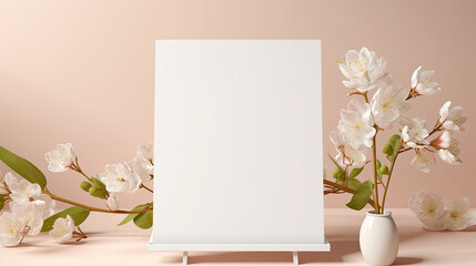 Blank white stand or easel on a beige table with white sakura flowers in a vase. Free space for product placement or advertising text.