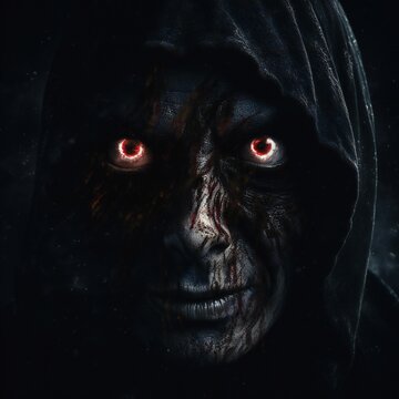 Scary death face staring at you with red eyes from dark space Generative AI 