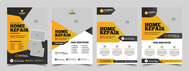 home repair handyman flyer template bundle with plumbing roofing service flyer layout vector   - obrazy, fototapety, plakaty