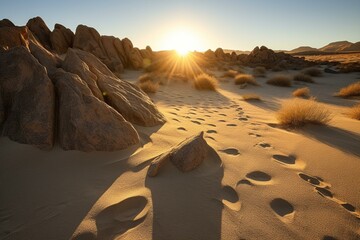 Warm sun illuminating sand dunes and rock formations at a desert sunrise. Generative AI - obrazy, fototapety, plakaty