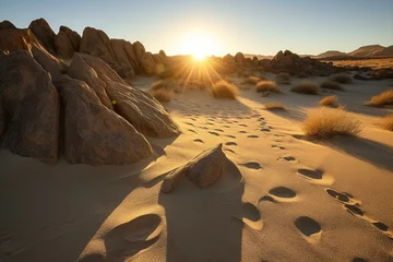 Foto op Plexiglas Warm sun illuminating sand dunes and rock formations at a desert sunrise. Generative AI © Phoenix