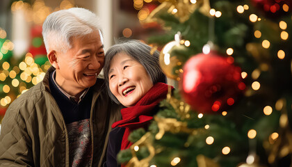 Chinese old couple decorating Christmas tree, New Year's concept - obrazy, fototapety, plakaty