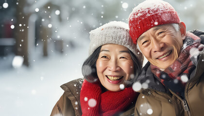 Chinese couple hugging in winter, New Year's concept