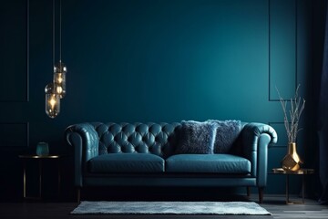 Enhancing living space with dark hues. Contemporary minimalistic blue furnishings in a trendy atmosphere. Painted wall ready for art. Living room or hallway mockup design. Generative AI