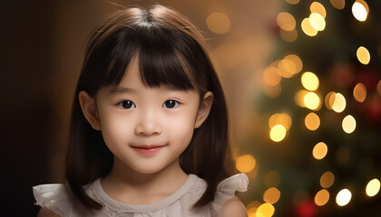 Portrait of a young Chinese girl on a blurred background of a Christmas tree