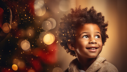 Black african child on blurred background, christmas and new year concept