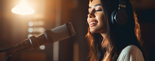 Woman sing or voice recording in to microphone, copy space for text.