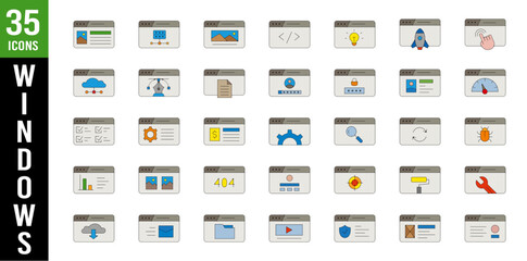Planche pictogramme illustration fenetre interface ordinateur couleur gris