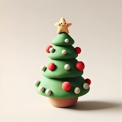 Cute miniature Christmas tree made out of clay decorated with baubles festive ornaments for the holidays with star decoration on top on a plain background