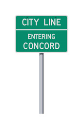 Vector illustration of the Entering Concord (New Hampshire) City Line green road sign on metallic pole