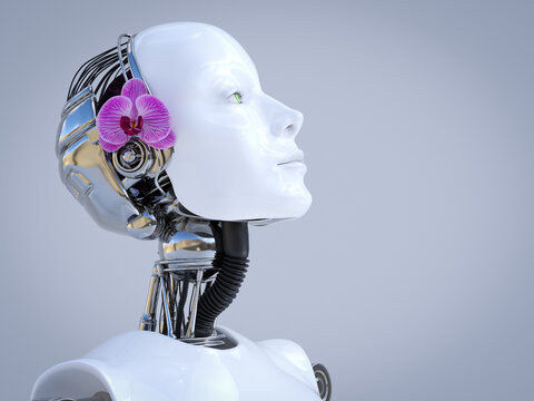 3D rendering of female robot head with orchid.