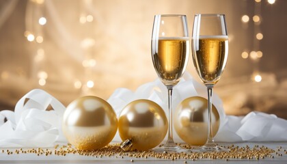 Golden christmas celebration with champagne glass and twinkling lights on starry background.