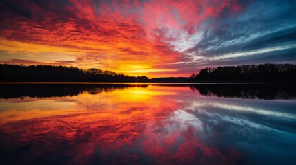 A close-up of the reflection of a colorful sunrise in the calm lake, capturing the intricate details of the clouds and the vivid hues of the sky, AI generated, Background image