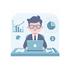flat vector illustration of businessman working on laptop, online working, work from home, remote job